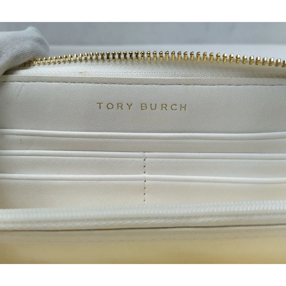 Tory Burch Gemini Ivory Gray Coated Canvas Link Stripe Zip Around Wallet